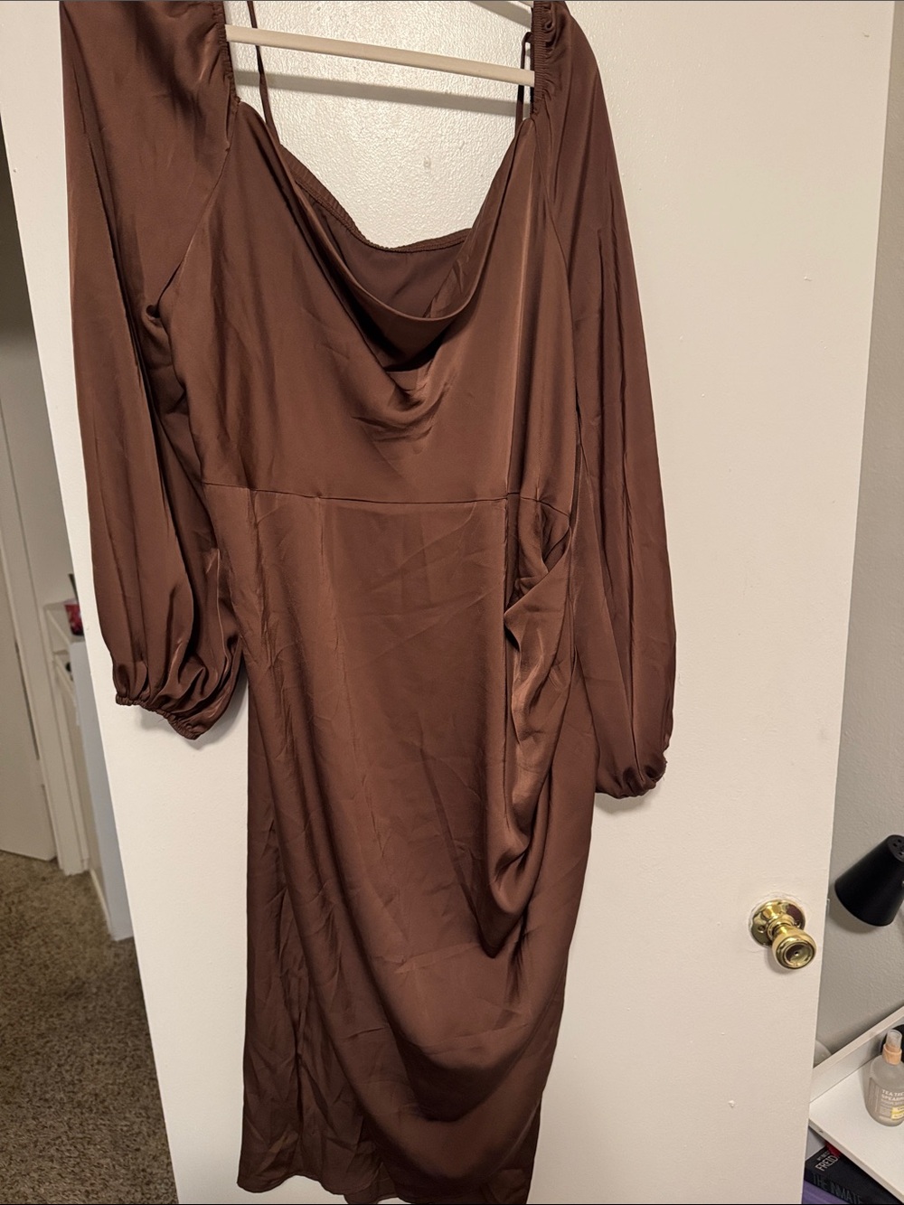 SHEIN Brown Satin Cowl Neck Long Sleeve Midi Dress